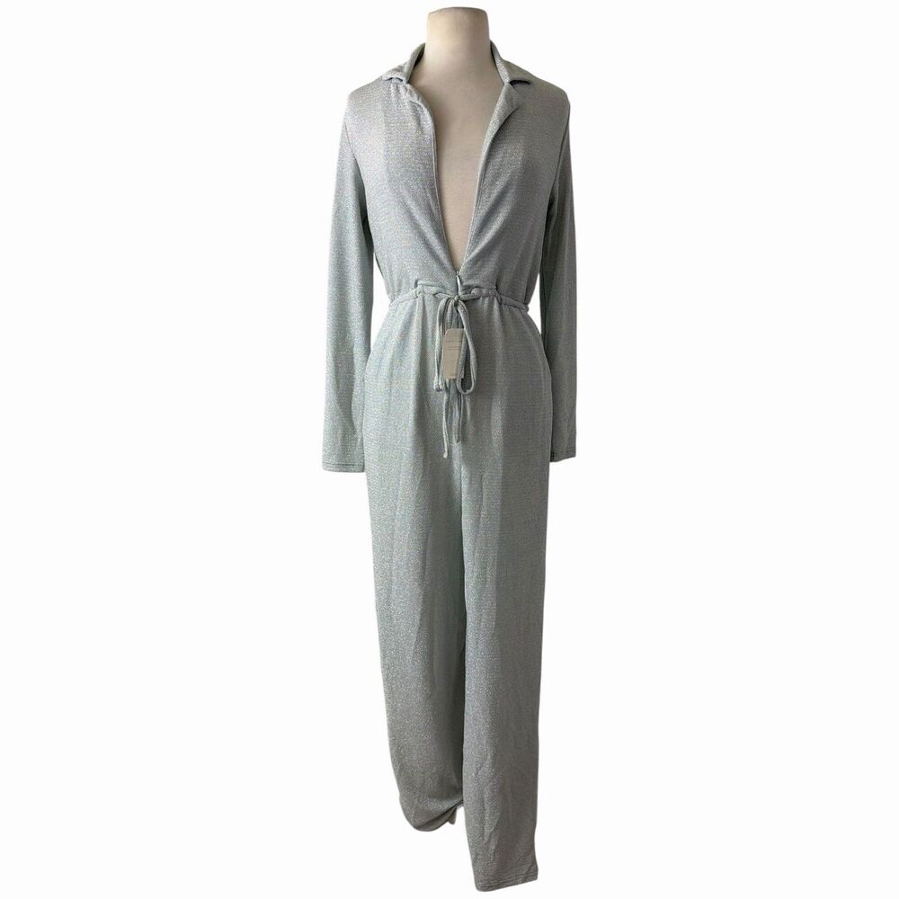 NWT Miss Circle New York Silver Shimmer Lurex Long Sleeve Jumpsuit Size XS